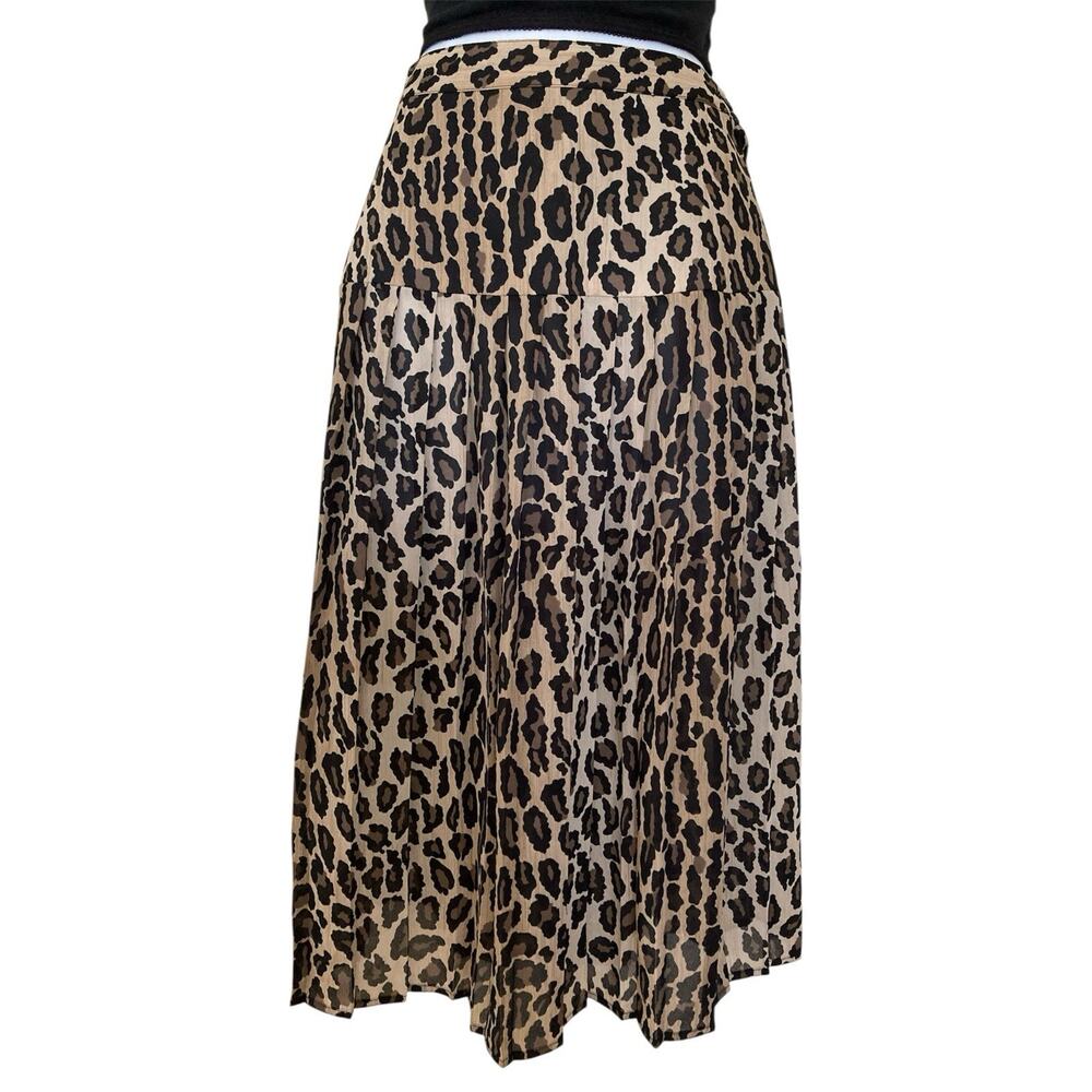 Vintage 80s 90s Leopard Cheetah Preppy Pleated Sheer Y2k Boho Midi Skirt S/2/4